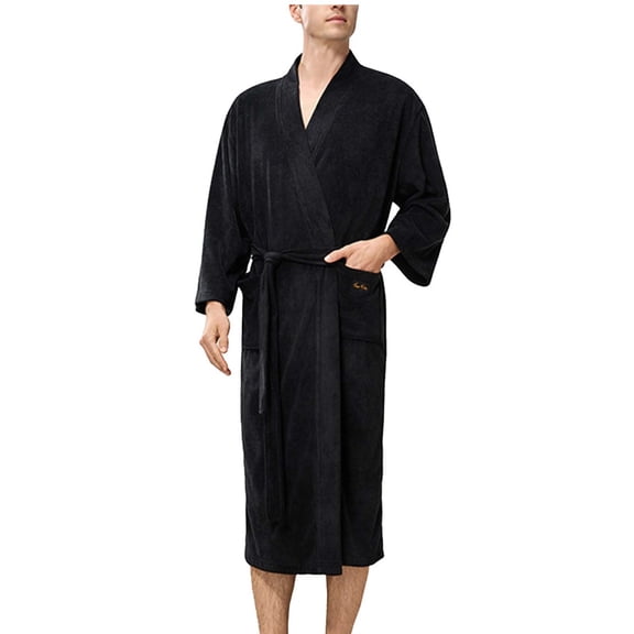 Hvyesh Mens Robe Terry Cloth Kimono Bathrobe Soft Shower Towel Bath Robes Calf Length Housecoat for Spa Hotel Hot Tub