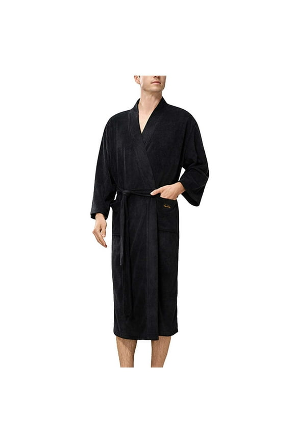 Mens Robe Terry Cloth Kimono Bathrobe Soft Shower Towel Bath Robes Calf Length Housecoat for Spa Hotel Hot Tub