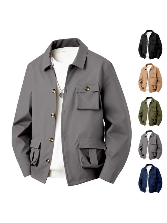 Mens Safari Jacket Button Up Cargo Shirt Jacket Outdoor Field Coat with Multi Pockets