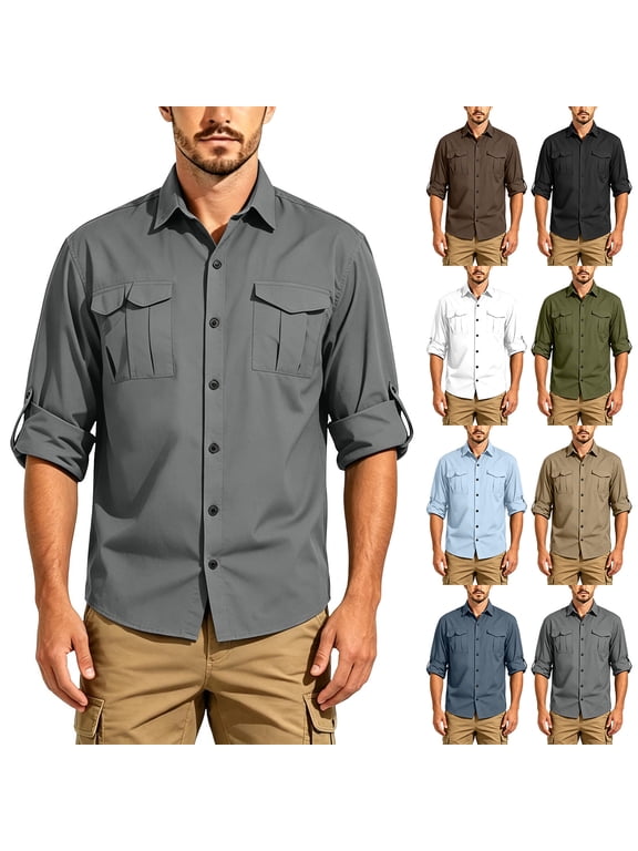 Mens Safari Shirts Long Sleeve Button Down T-Shirts UV Sun Protection Hiking Fishing Tshirt Lightweight Travel Tee Shirt