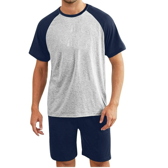 Hvyesh Mens Short Pajama Set,Summer Pjs Sleepwear Nightwear 2 Piece Sets Lightweight Short Sleeve Tshirt Loose Shorts Sleepwear Set
