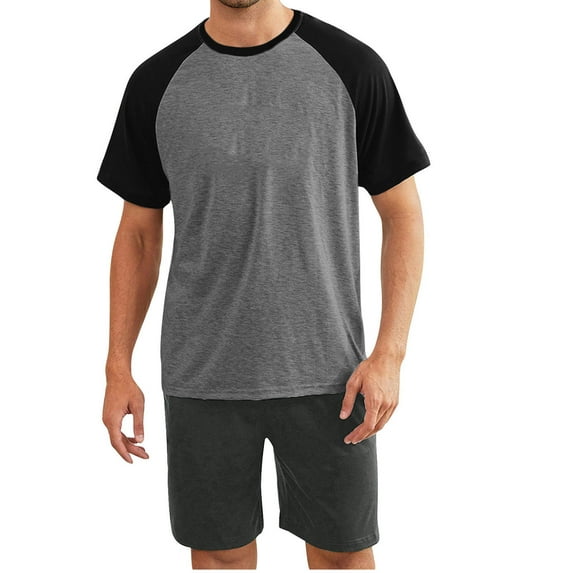 Hvyesh Mens Short Pajama Set,Summer Pjs Sleepwear Nightwear 2 Piece Sets Lightweight Short Sleeve Tshirt Loose Shorts Sleepwear Set