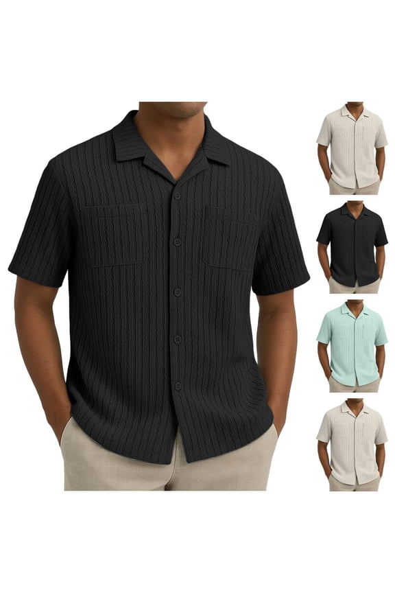 Mens Short Sleeve Casual Button Down Shirts Textured Summer Beach Shirt Loose Fit Solid Work Shirts