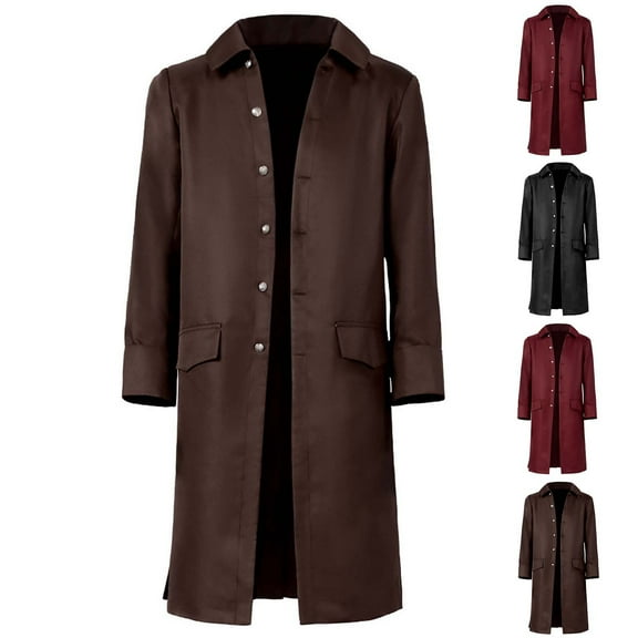 Hvyesh Mens Steampunk Victorian Frock Coat Vintage Leather Trench Coat Single Breasted Classic Officer Military Uniform Jacket Steampunk Long Sleeved Jackets