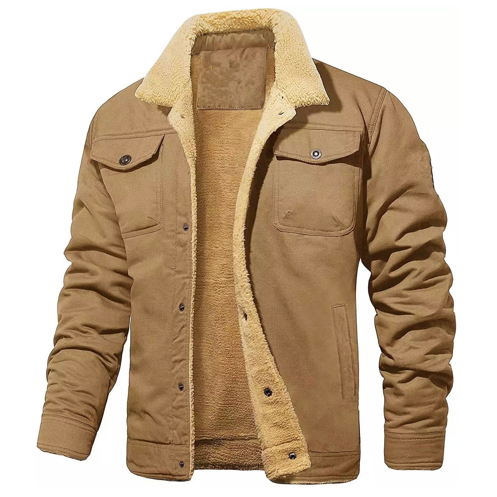 Hvyesh Mens Trucker Jackets Sherpa Fleece Lined Coat Button Down Lapel Cargo Jacket Thick Thermal Cotton Warm Outerwear Casual Button Military Jacket