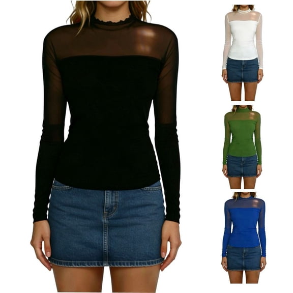 Hvyesh Mesh Long Sleeve Shirts for Women Turtle Necks Sheer Tops Slim Fit Going Out Top Trendy Y2K Party Blouses