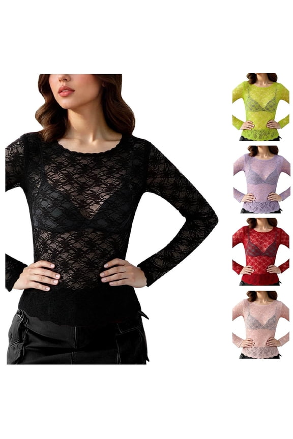 Mesh Long Sleeve Top for Women,Lace Sheer Tops See Through Crew Neck Shirt Floral Embroidery Sheer Blouse