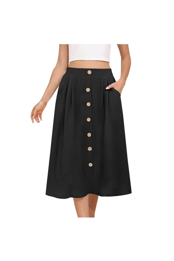 Midi Skirts for Women Casual High Elastic Waist Button Pleated Skirts A Line Midi Skirt with Pockets