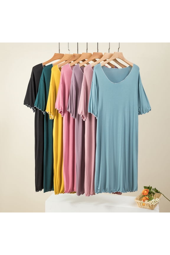Nightgowns for Women Crew Neck Sleep Shirts Cozy Short Sleeve Night Shirts Sleep Dress with Pockets