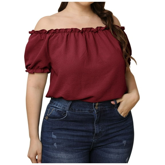 Hvyesh Off Shoulder Tops for Womens Plus Size Ruffle Flounce Blouses Short Sleeve Summer Top Tee Solid Blouse