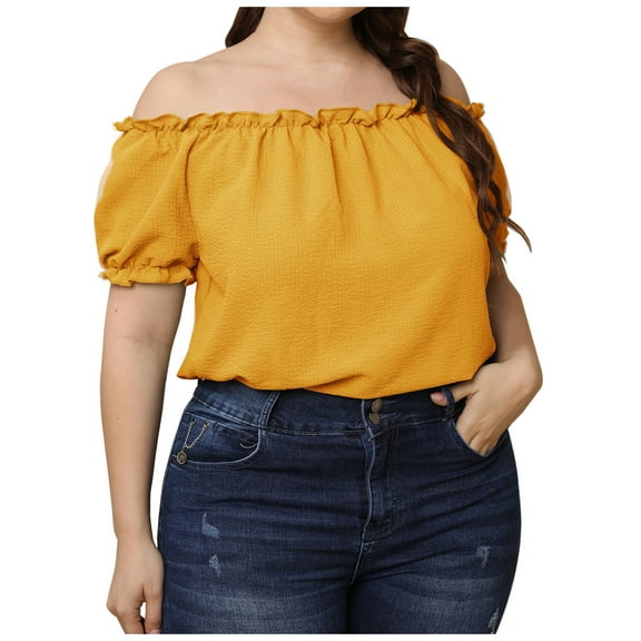 Hvyesh Off Shoulder Tops for Womens Plus Size Ruffle Flounce Blouses Short Sleeve Summer Top Tee Solid Blouse