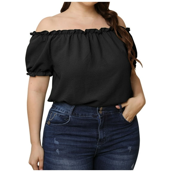 Hvyesh Off Shoulder Tops for Womens Plus Size Ruffle Flounce Blouses Short Sleeve Summer Top Tee Solid Blouse
