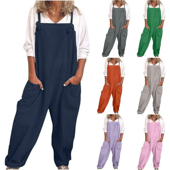 Hvyesh One Piece Jumpsuits for Women V Neck Sleeveless Overalls Plus Size Spaghetti Strap Harem Long Pants with Pockets