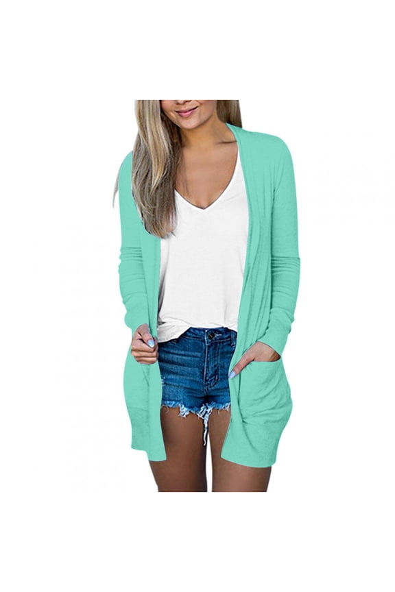 Open Front Cardigan Sweaters for Women Long Sleeve Casual Knitted Shirts Cozy Solid Cardigan Jackets with Pockets
