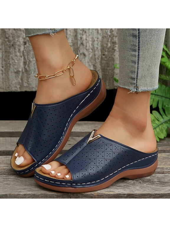 Summer Sandals for Women 2025 -Wedge Sandals for Womens Dressy Open Toe Wedge Slip-on Wedge Sandal - Arch-support Sandals Women Summer Orthotic Slides