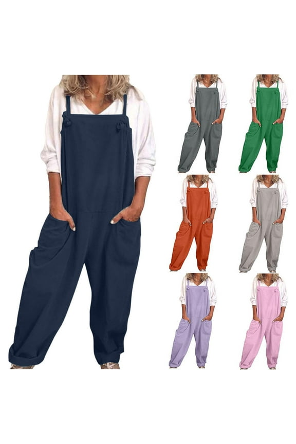 Overall Jumpsuit for Women Cotton Linen Onesie Rompers 2024 Summer Casual Wide Leg Sleeveless Striped Jumpsuits Trendy Solid Outfits