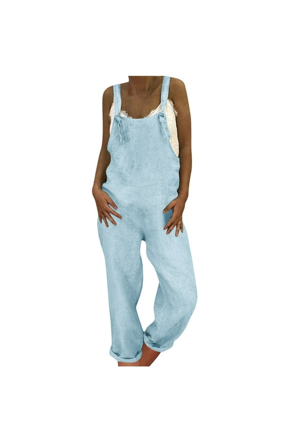 Overalls Denim Jumpsuits for Women Plus Size Casual Jeans Pants Cotton Linen Sleeveless Bib Jumpers with Pockets