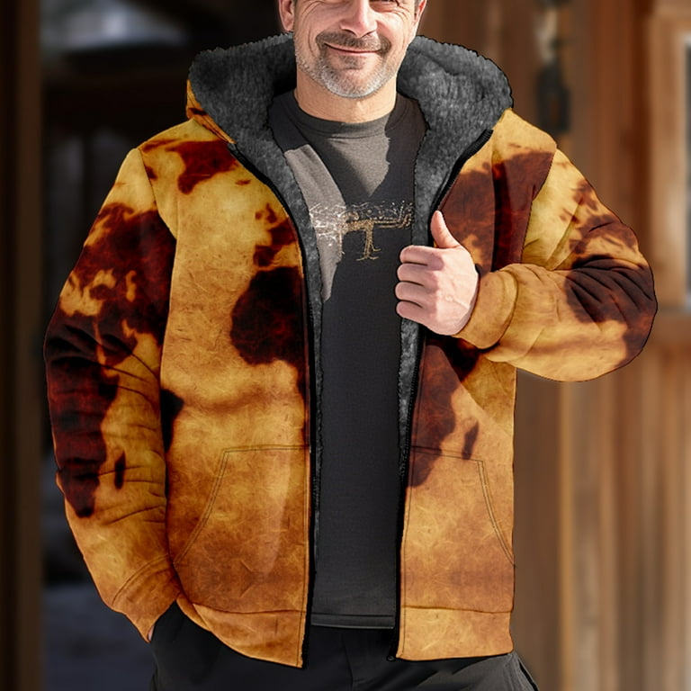 Hvyesh Oversized Sherpa Lined Hoodie Jacket for Men Plus Size 3D Graphic  Fleece Coat Full Zipper Thick Warm Coat 2024 Long Sleeve Print Jacket  Outerwear with Pockets Coffee S-6XL 