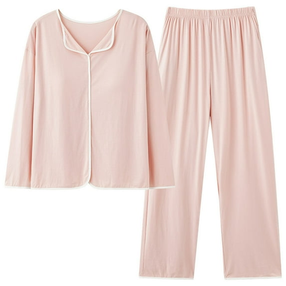 Hvyesh Pajamas Sets Women's Solid Color Long Sleeved Shirt With Chest Pad Pants Home Clothing Pajamas Set 2 Piece Outfits for Women Pink