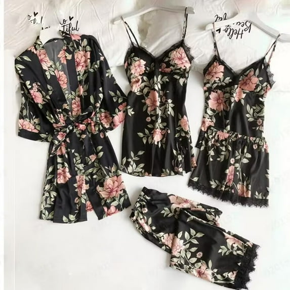 Hvyesh Pajamas for Women Set 5 Piece Ladies Solid Short Sleeve Pajamas Casual Short Pajamas Loungewear