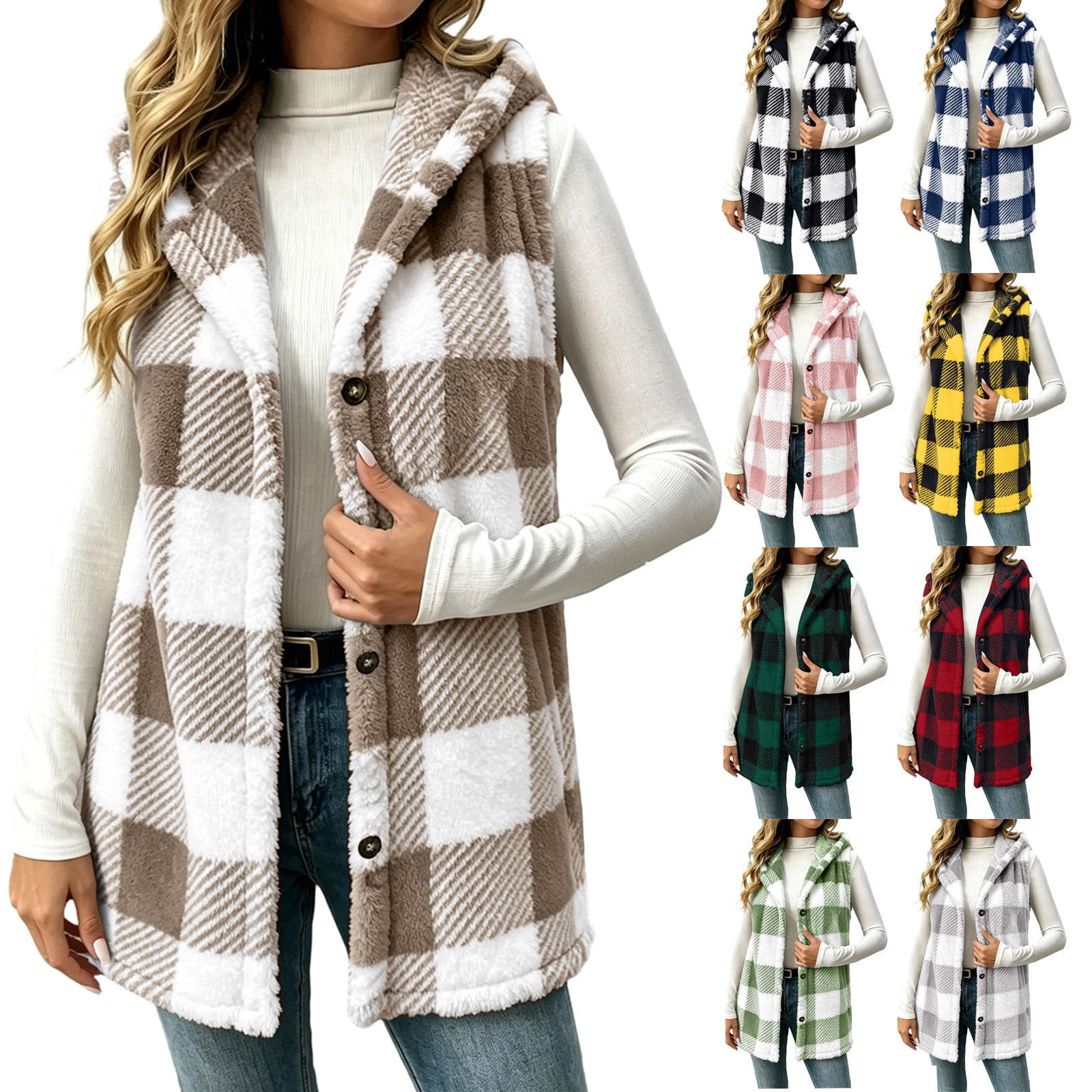 hvyesh-plaid-fleece-vest-women-with-hood-sleeveless-flannel-sherpa