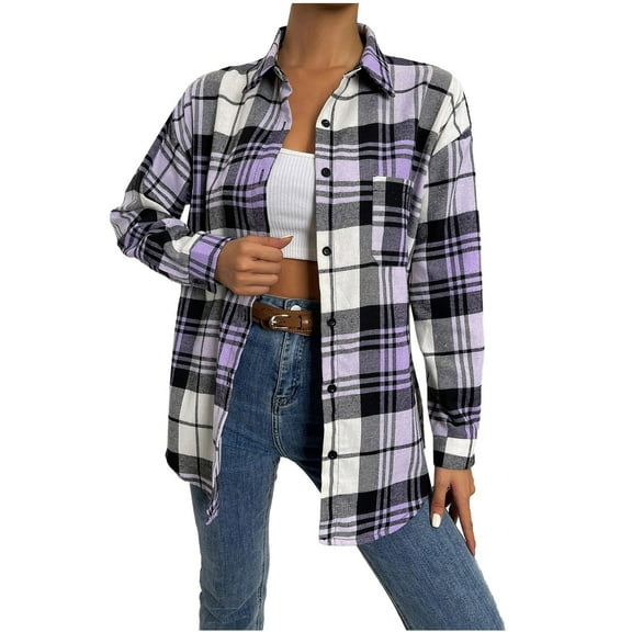 Hvyesh Plaid Shirt Jacket for Women Long Sleeve Lapel Blouses Fall Classic Fit Plaid Tshirt Blouse Lightweight Going Out Plaid Tee Shirt