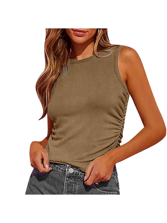 Plsu Size Tank Tops for Women Summer Sleeveless High Neck Ribbed Knit Slim Blouse Side Pleated Basic Tees Shirts