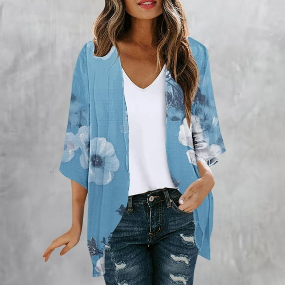 Hvyesh Plus Size 3/4 Sleeve Cardigan for Women Lightweight Open Front Kimono Cozy Swimsuit Cover Up