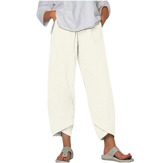 Hvyesh Plus Size Capri Pants for Women High Waisted Wide Leg Linen Palazzo Trousers Pull On Elastic Loose Capris