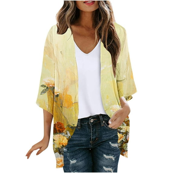 Hvyesh Plus Size Cardigan for Women Dressy 3/4 Sleeve Summer Kimono Cute Floral Print Cover up Tops