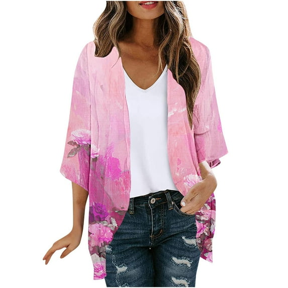Hvyesh Plus Size Cardigan for Women Dressy 3/4 Sleeve Summer Kimono Cute Floral Print Cover up Tops