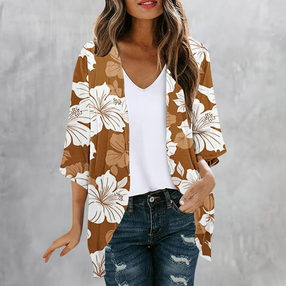 Hvyesh Plus Size Cardigan for Women,Womens 2025 Casual 3/4 Sleeve Open Front Cardigan Lightweight Kimono Summer Beach Cover Ups