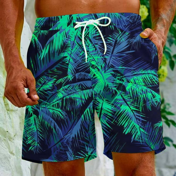 Hvyesh Plus Size Mens 5 Inch Swim Trunks Quick Dry Tropical Palm Tree Printed Swimming Shorts Big and Tall Boardshorts Summer Drawstring Hawaiian Swimming Shorts