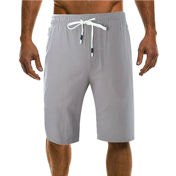 Hvyesh Plus Size Mens Linen Shorts Classic Solid Color Beach Shorts Big and Tall Drawstring Elastic Waist Pocket Capri Pants
