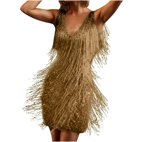 Hvyesh Plus Size Fringe Dresses for Women Tassel Cocktail Party Latin Bodycon Mini Dress V Neck Spaghetti Strap Backless Prom Short Dress