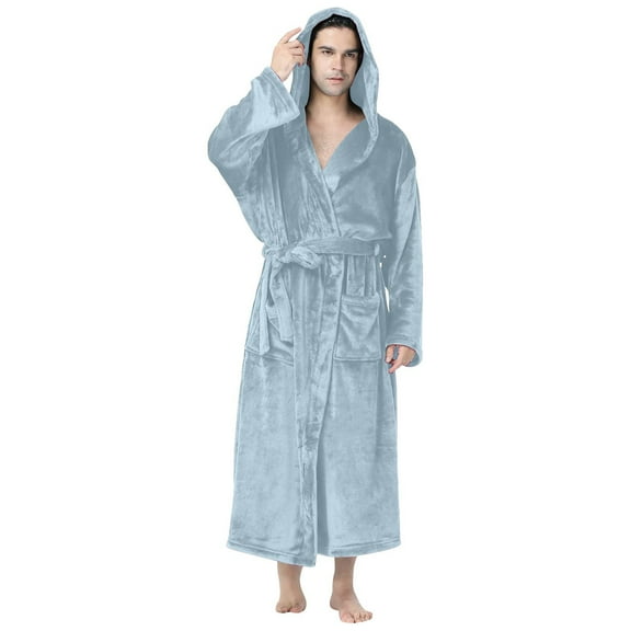 Hvyesh Plus Size Hooded Fleece Robe for Men Winter Plush Long Bathrobes Warm Shawl Collar Belt Sleepwear Pajamas Soft Bathrobes with Pockets