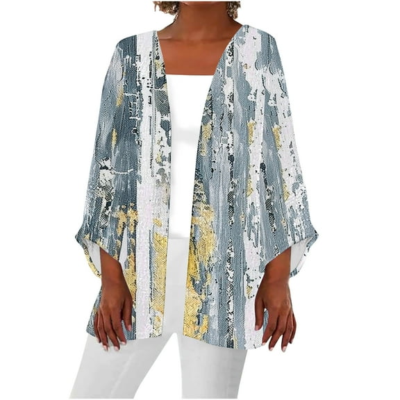 Hvyesh Plus Size Kimono for Womens Retro Print Casual Duster Blouse Tops 3/4 Sleeve Lightweight Cardigans