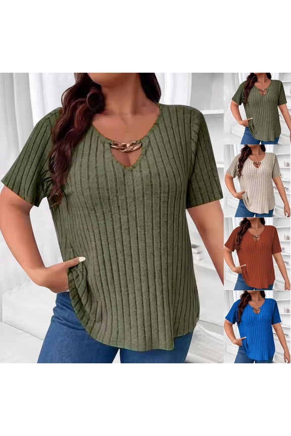 Plus Size Knit Tops for Women V Neck Short Sleeve Tunic Shirt 2025 Summer Casual Shirt Hollow Out Pullover Descuentos