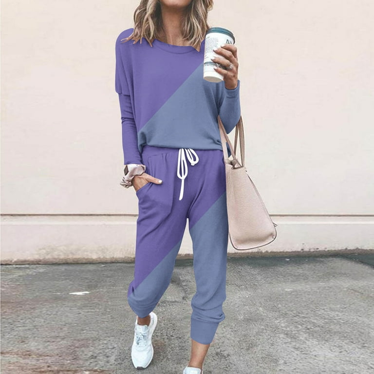 Hvyesh Plus Size Lounge Sets for Women Color Block Two Piece