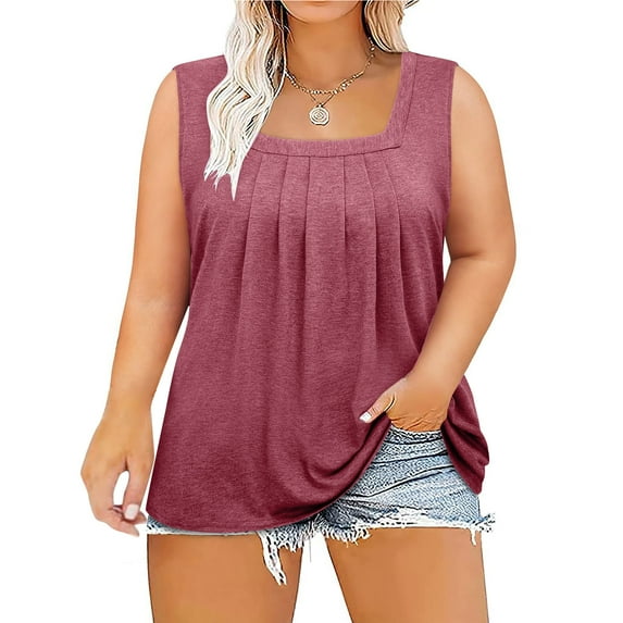 Hvyesh Plus Size Tank Tops for Women Sleeveless Square Neck Tunic Tops Lightweight Solid Pleated