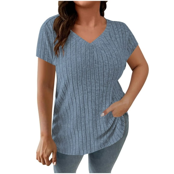 Hvyesh Plus Size Tops Women V Neck Tunic Shirts Casual Knit Short Sleeves T Shirts Slim Fit Solid Sweaters