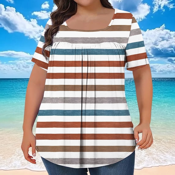 Hvyesh Plus Size Tops for Women Casual Square Neck Short Sleeve Tshirt Loose Fit Summer Stripe T Shirts Trendy 2025 Rebajas de verano
