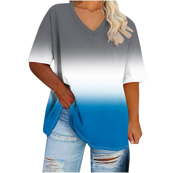 Hvyesh Plus Size Tops for Women Casual Tie Dye Tunic Shirts Summer V Neck Short Sleeve Cozy Going Out Blouses