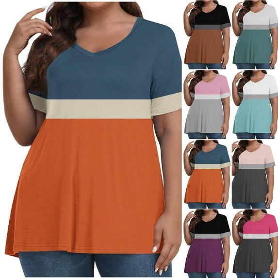 Hvyesh Plus Size Tops for Women Dressy Color Block Patchwork Top Flowy V Neck Short Sleeve Tshirt Going Out Work Tops BlackFridayES