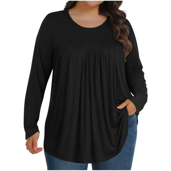 Hvyesh Plus Size Tops for Women Fall Long Sleeve Tunic Shirts Flowy Pleated Casual Blouses Loose Fit Work Tees