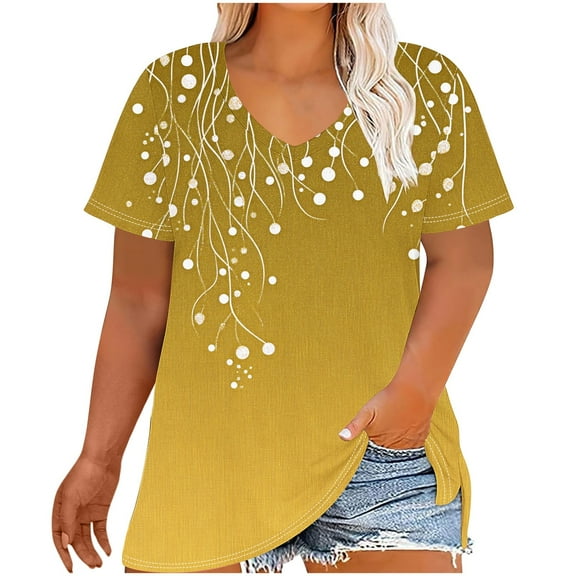 Hvyesh Plus Size Tops for Women Oversized Summer Basic V Neck Short Sleeve Shirt Casual Floral Print Tunic Shirts