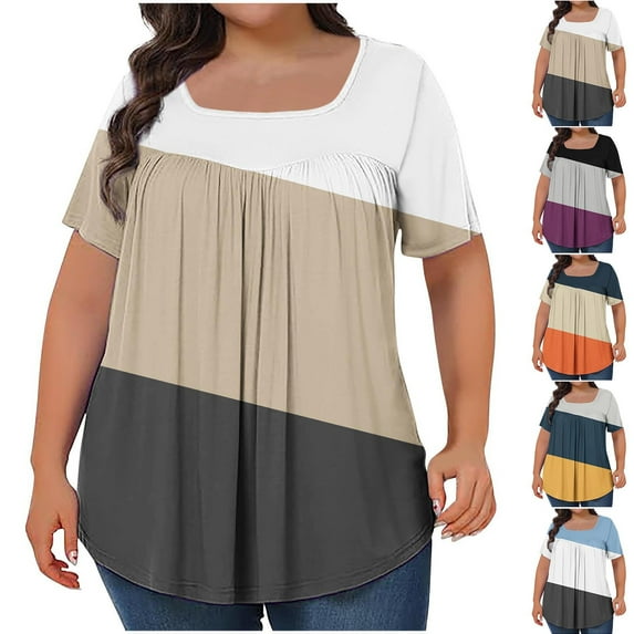 Hvyesh Plus Size Tops for Women Summer Color Block Tunic Tops Square-Neck Short Sleeve T Shirts Casual Blouses Precio bajo