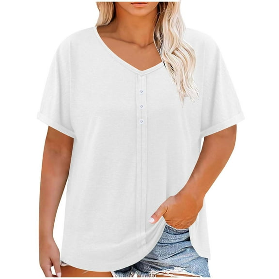 Hvyesh Plus Size Tops for Women Summer V Neck Short Sleeve Tee Shirts Henley Button Casual Loose Fit Blouse