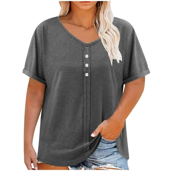 Hvyesh Plus Size Tops for Women Summer V Neck Short Sleeve Tee Shirts Henley Button Casual Loose Fit Blouse