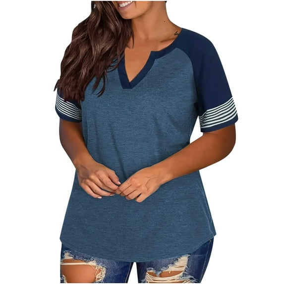 Hvyesh Plus-Size Tops for Women Summer V Neck T Shirts Color Block Raglan Tees 2025 Summer Loose Tshirts